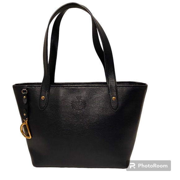 LAUREN RALPH LAUREN BAG TOTE BLUE SAFFIANO LEATHER ZIP TOP 2 HANDLE GOLD ACCENT - Picture 1 of 15